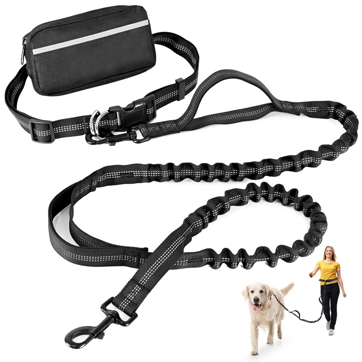 Petstars Hands Free Dog Leash with Zipper Pouch, Dual Padded Handles and Duarable Bungee Adjustable Waist Belt (27" - 49") up to 120 Lbs, Suit for Medium to Large Dogs Walking, Jogging and Running