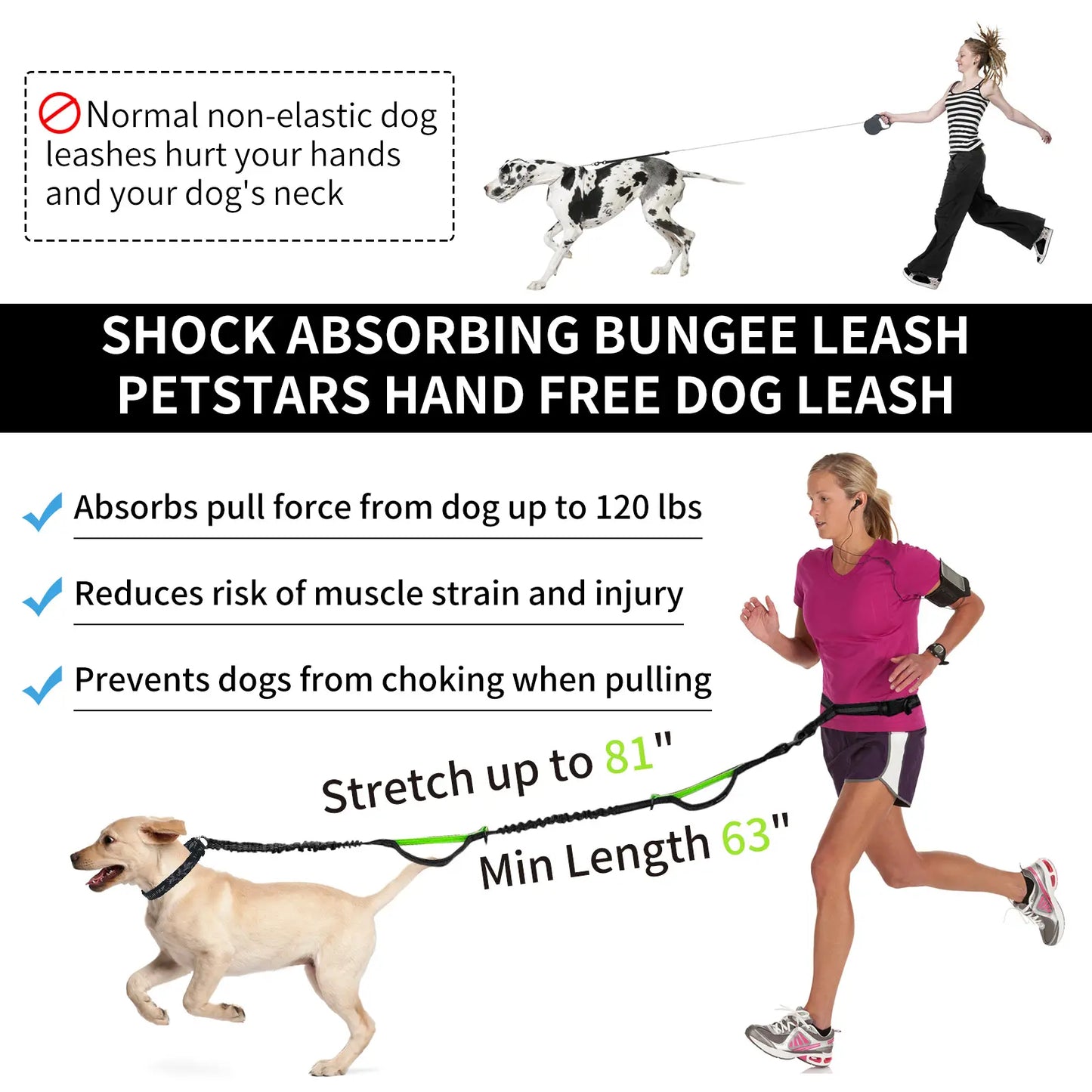 Petstars Hands Free Dog Leash with Zipper Pouch, Dual Padded Handles and Duarable Bungee Adjustable Waist Belt (27" - 49") up to 120 Lbs, Suit for Medium to Large Dogs Walking, Jogging and Running