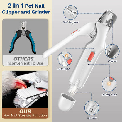Catpick 2-In-1 Pet Nail Clipper and Grinder, Ultra Quiet Electric Grooming Tool with LED Light, Rechargeable for Dogs & Cats of All Sizes, Low-Noise Motor for Safe Trimming