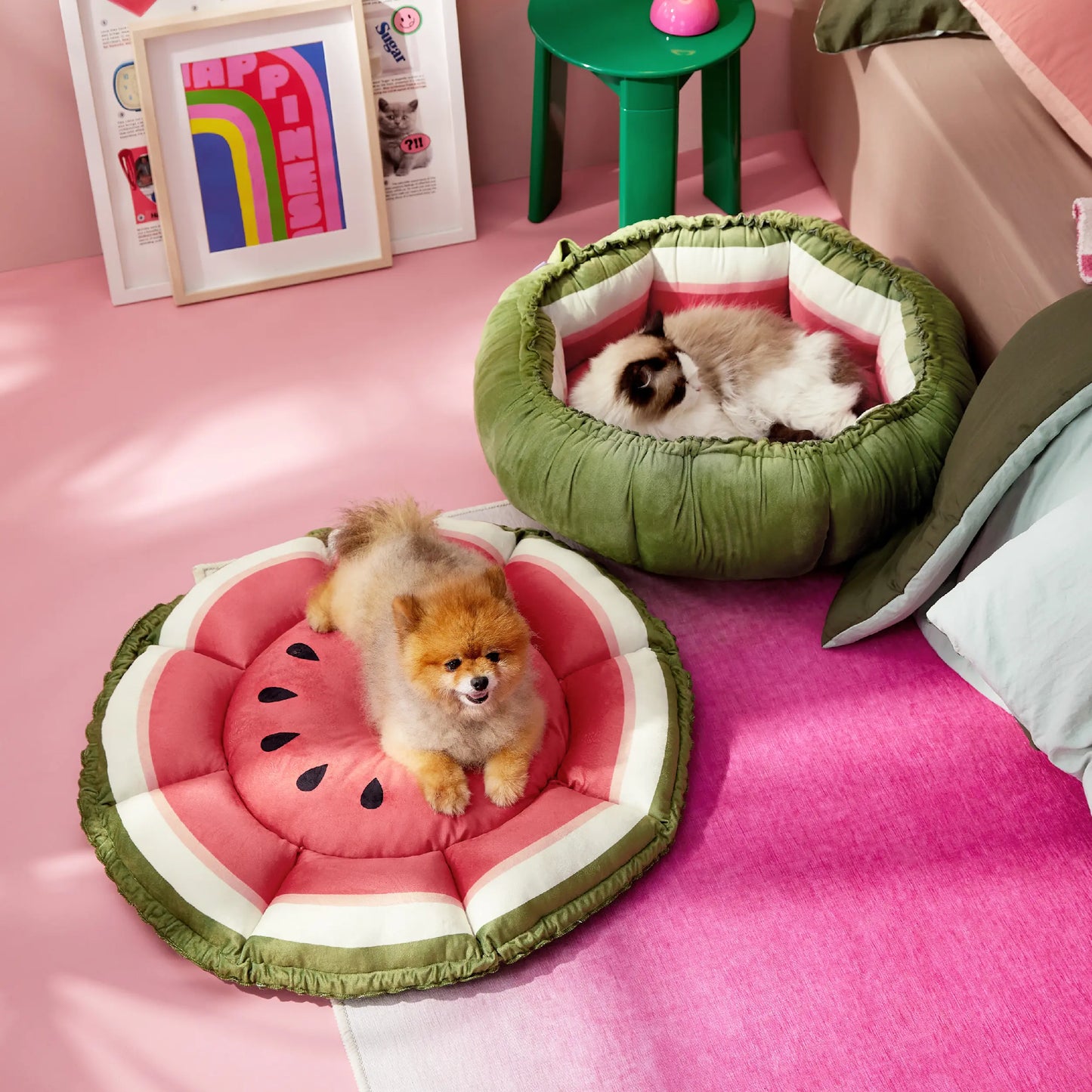 Lesure Cat Dog Beds - Washable round Cute Beds with Versatile Dual-Use Design, Reversible round Pet Bed for Puppy and Kitten, Green Color Pad Home Poodle