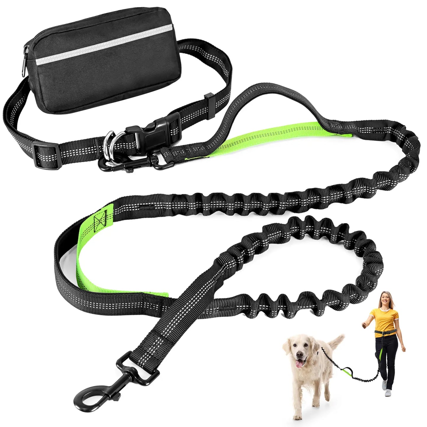 Petstars Hands Free Dog Leash with Zipper Pouch, Dual Padded Handles and Duarable Bungee Adjustable Waist Belt (27" - 49") up to 120 Lbs, Suit for Medium to Large Dogs Walking, Jogging and Running