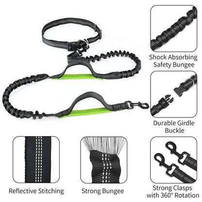 Petstars Hands Free Dog Leash with Zipper Pouch, Dual Padded Handles and Duarable Bungee Adjustable Waist Belt (27" - 49") up to 120 Lbs, Suit for Medium to Large Dogs Walking, Jogging and Running